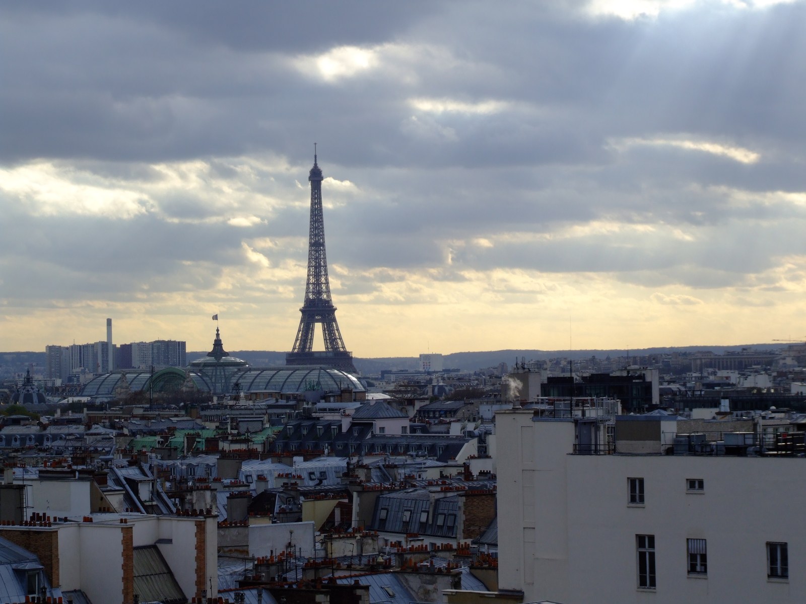 Eiffel Tower above the rooftops of Paris, viewed from Printemps